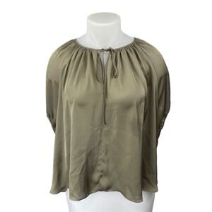 H&M Green Silky Satin Short Puff Sleeve Tie Neck Oversized Peasant Blouse Top XL